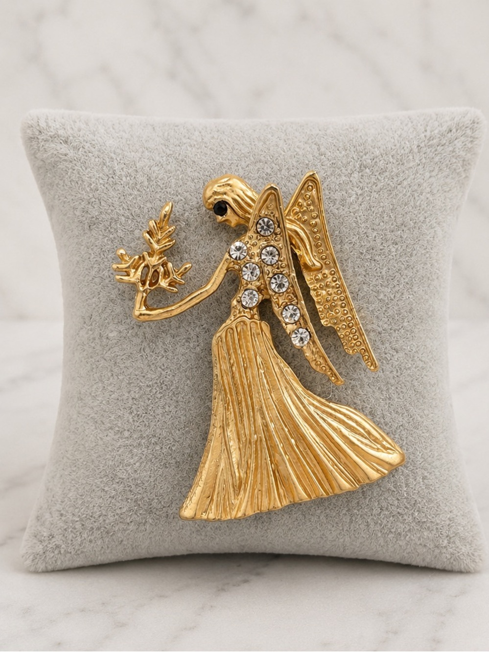 Gold Tone Angel Brooch Pin w/ Rhinestone Wings | Statement Holiday Jewelry